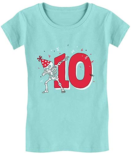 Quafoo Dabbing Skeleton 10th Birthday Décimo año Dab Camiseta Entallada para niña, Azul frío, 9/10