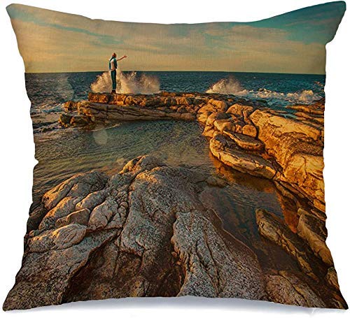 QUEMIN Funda de Almohada Mujer Stands Sun Harmony Sky One Summer Healthy On Beach North Alaska Nature People Meditación Cómoda Funda de cojín para Silla de Coche Sofá Cama 45x45 cm