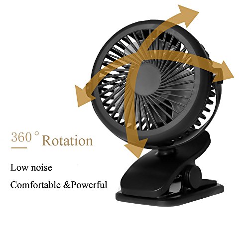 Queta Ventilador Portátil con Clip USB o Batería Recargable de 1600mAh 360°Ajustable Bajo Ruido para Cochecito de Bebé,Oficina, Hogar, Actividades al Aire Libre (Negro)