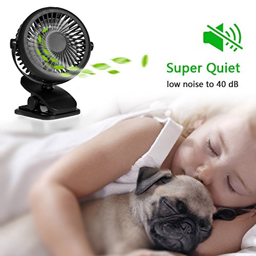 Queta Ventilador Portátil con Clip USB o Batería Recargable de 1600mAh 360°Ajustable Bajo Ruido para Cochecito de Bebé,Oficina, Hogar, Actividades al Aire Libre (Negro)