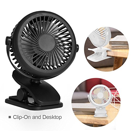 Queta Ventilador Portátil con Clip USB o Batería Recargable de 1600mAh 360°Ajustable Bajo Ruido para Cochecito de Bebé,Oficina, Hogar, Actividades al Aire Libre (Negro)