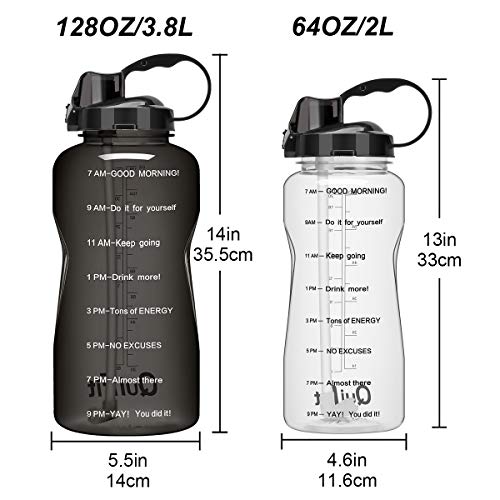 QuiFit 2l Botella de Agua Deportiva con Tiempo de Motivación Marcado Botella de Agua Extraíble Paja y a Prueba deFugas Tapa BPA Free (Clear+Black)