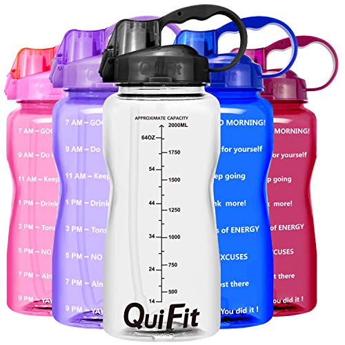 QuiFit 2l Botella de Agua Deportiva con Tiempo de Motivación Marcado Botella de Agua Extraíble Paja y a Prueba deFugas Tapa BPA Free (Clear+Black)