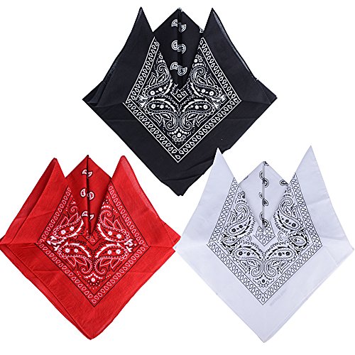 QUMAO Pack de 3 Pañuelos Bandanas de Modelo de Paisley para Cuello/Cabeza Multicolor Múltiple 100% Algodón para Mujer y Hombre (Pack de 3; Negro&blanco&rojo)