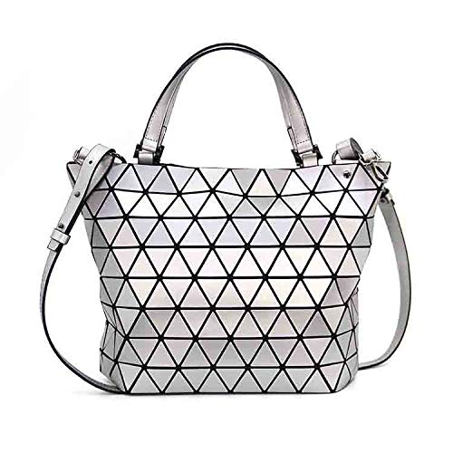 QXbecky Bolso de cubo ligero cepillado mate bolso de mensajero de señoras bolso de hombro de cadena rómbica bolso de mujer 4 plata 37x25x13cm