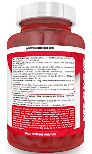 QXN New Kre-Alkalyn para el incremento de la masa muscular – Creatina alcalina para retrasar la fatiga muscular e incrementar el rendimiento deportivo – Creatina monohidratada con sodio – 120 cápsulas