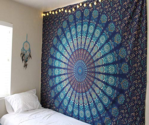 Raajsee Mandala - Tapiz para pared, algodón, azul, QUEEN 220 X 210 CMS Raajsee Mandala - Tapiz para pared, algodón, azul, QUEEN 220 X 210 CMS