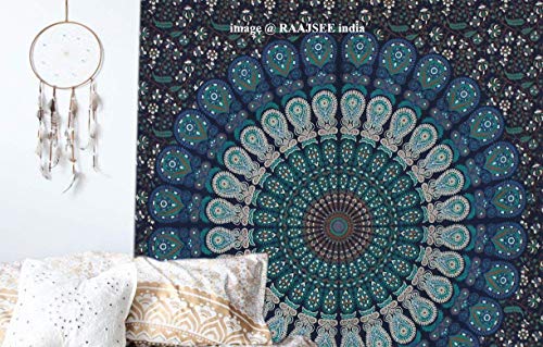 Raajsee Mandala - Tapiz para pared, algodón, azul, QUEEN 220 X 210 CMS