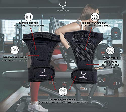 Raging Bull Guantes Gimnasio Hombre Mujer, calleras para Crossfit, guantillas Gym Transpirable, Antideslizantes, para Levantamiento de Pesas, calistenia, agarraderas Fitness con muñequeras Gym (M)