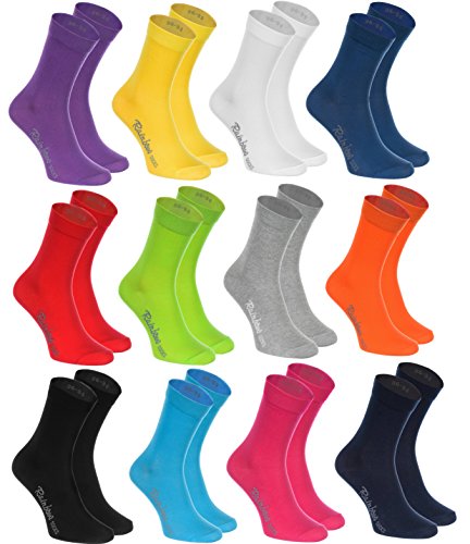 Rainbow Socks - Hombre Mujer Calcetines Colores de Algodón - 12 Pares - Negro Blanco Gris Morado Azul Marino Pantalones Vaqueros Naranja Rojo Amarillo Verde Azulado Verde Fucsia - Talla 42-43