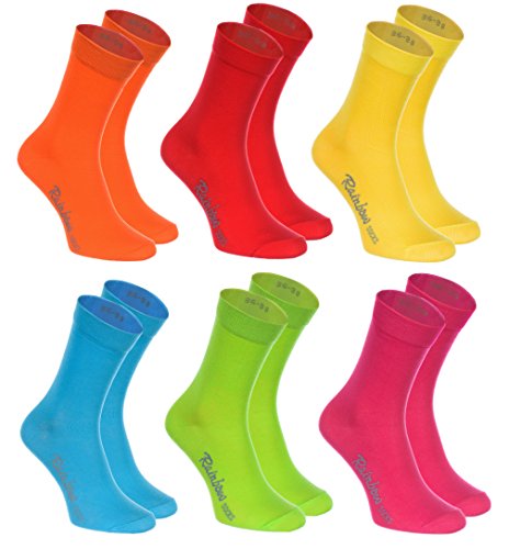 Rainbow Socks - Hombre Mujer Calcetines Colores de Algodón - 6 Pares - Naranja Rojo Amarillo Verde Mar Verde Fucsia - Talla 44-46
