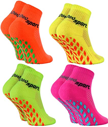 Rainbow Socks - Niñas Niños Calcetines Antideslizantes de Deporte - 4 Pares - Naranja Verde Amarillo Rosa - Talla 30-35