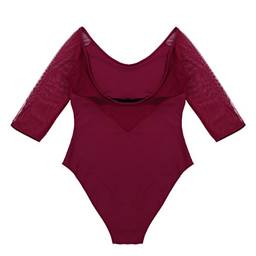 ranrann Maillot de Gimnasia Rítmica para Mujer Leotardo Clásico de Ballet Manga Transparente Mono de Danza Ropa Deportiva de Baile Dancewear Vino Rojo Medium