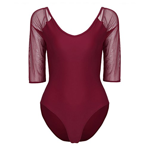 ranrann Maillot de Gimnasia Rítmica para Mujer Leotardo Clásico de Ballet Manga Transparente Mono de Danza Ropa Deportiva de Baile Dancewear Vino Rojo Medium