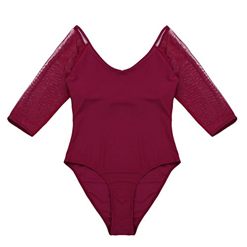 ranrann Maillot de Gimnasia Rítmica para Mujer Leotardo Clásico de Ballet Manga Transparente Mono de Danza Ropa Deportiva de Baile Dancewear Vino Rojo Medium