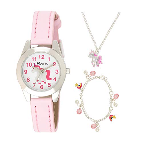 RAVEL - Reloj de Unicornio Infantil 'Little Gems' y Juego de Regalo de Joyas Plateadas