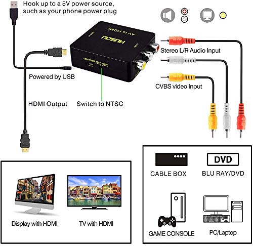 RCA a HDMI,Musou 3RCA Compuestas AV a HDMI Video Audio Convertidor de carga USB Soporte 720p/1080p para PS4 PS3 PC Xbox TV STB VHS.