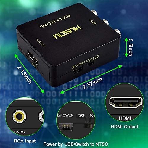 RCA a HDMI,Musou 3RCA Compuestas AV a HDMI Video Audio Convertidor de carga USB Soporte 720p/1080p para PS4 PS3 PC Xbox TV STB VHS.