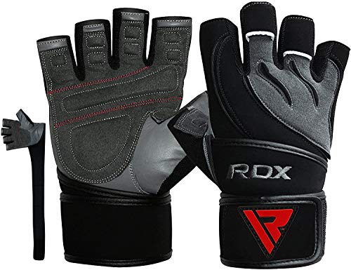 RDX Guantes Gimnasio Cuero con Muñequera Fitness Musculacion Culturismo Gym Levantamiento Pesas Entrenamiento Halterofilia Powerlifting Workout Antideslizante Weightlifting Gloves