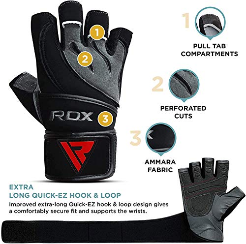 RDX Guantes Gimnasio Cuero con Muñequera Fitness Musculacion Culturismo Gym Levantamiento Pesas Entrenamiento Halterofilia Powerlifting Workout Antideslizante Weightlifting Gloves