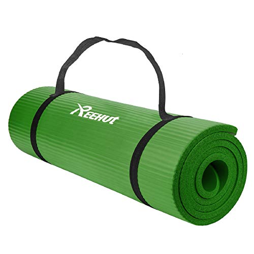 REEHUT Colchoneta de Yoga de NBR de Alta Densidad y Extra Gruesa de 12mm Diseñada para Pilates, Fitness y Entrenamiento - con Correa de Hombro 180cm x 61cm（Verde）