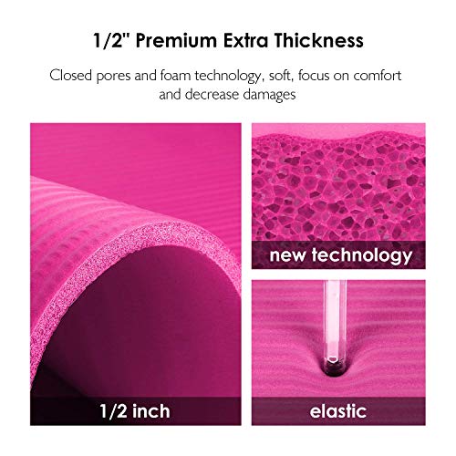 REEHUT Colchoneta de Yoga de NBR de Alta Densidad y Extra Gruesa de 12mm Diseñada para Pilates, Fitness y Entrenamiento - con Correa de Hombro 180cm x 61cm（Rosa）