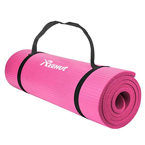 REEHUT Colchoneta de Yoga de NBR de Alta Densidad y Extra Gruesa de 12mm Diseñada para Pilates, Fitness y Entrenamiento - con Correa de Hombro 180cm x 61cm（Rosa）