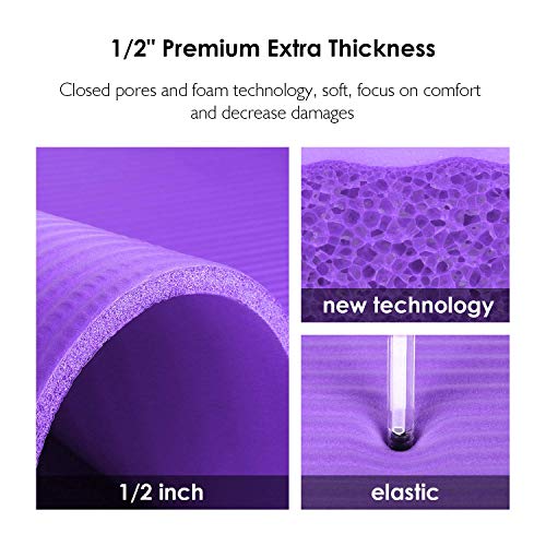 REEHUT Esterilla de ejercicio NBR Fitness Yoga esterillas – 12 mm extra gruesa de alta densidad multiusos para pilates, fitness y entrenamiento con correa de transporte (morado)