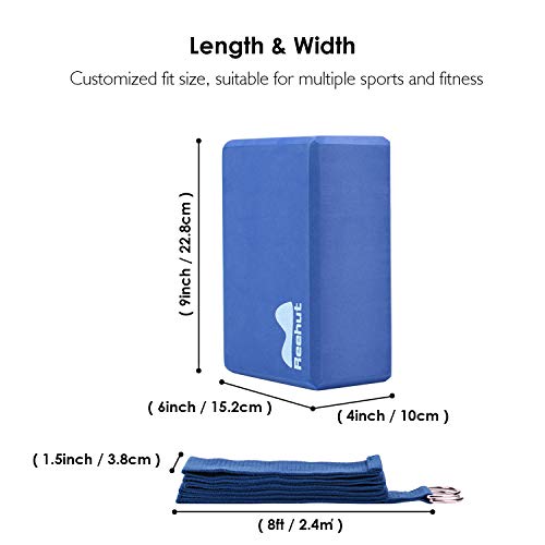 REEHUT Set de Bloques de Yoga (2pcs) y Correa para Yoga (2.4m), Bloque de Espuma EVA de Alta Densidad para Apoyar y Profundizar Las Posturas, Correa Yoga para Estiramiento, Azul