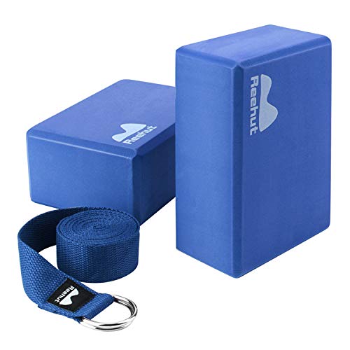 REEHUT Set de Bloques de Yoga (2pcs) y Correa para Yoga (2.4m), Bloque de Espuma EVA de Alta Densidad para Apoyar y Profundizar Las Posturas, Correa Yoga para Estiramiento, Azul