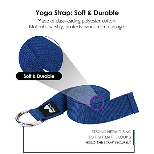 REEHUT Set de Bloques de Yoga (2pcs) y Correa para Yoga (2.4m), Bloque de Espuma EVA de Alta Densidad para Apoyar y Profundizar Las Posturas, Correa Yoga para Estiramiento, Azul