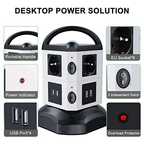 Regleta Vertical Enchufes de 6 Tomas Corrientes, 4 USB Tomas, Cable Extensible de 3 M con Función de Almacenamiento, Proteccion Sobretension Enchufe Multiple con Mango Portátil Regleta Vertical Enchufes de 6 Tomas Corrientes, 4 USB Tomas, Cable Extensible de 3 M con Función de Almacenamiento, Proteccion Sobretension Enchufe Multiple con Mango Portátil
