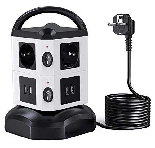 Regleta Vertical Enchufes de 6 Tomas Corrientes, 4 USB Tomas, Cable Extensible de 3 M con Función de Almacenamiento, Proteccion Sobretension Enchufe Multiple con Mango Portátil Regleta Vertical Enchufes de 6 Tomas Corrientes, 4 USB Tomas, Cable Extensible de 3 M con Función de Almacenamiento, Proteccion Sobretension Enchufe Multiple con Mango Portátil