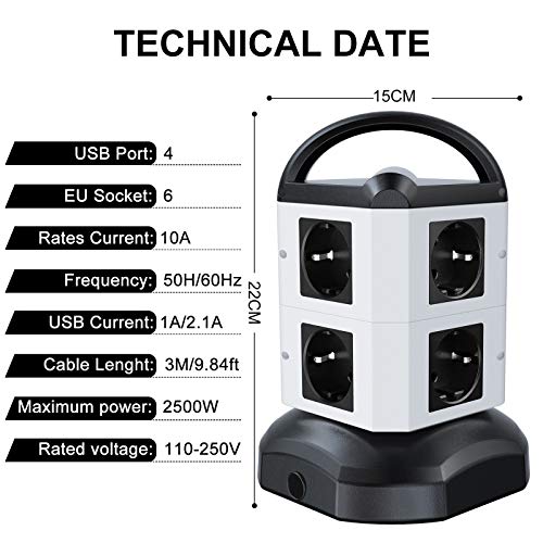 Regleta Vertical Enchufes de 6 Tomas Corrientes, 4 USB Tomas, Cable Extensible de 3 M con Función de Almacenamiento, Proteccion Sobretension Enchufe Multiple con Mango Portátil