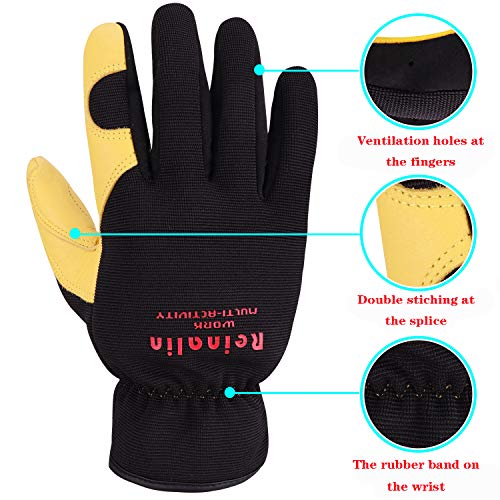 Reinalin Guantes de Trabajo de Seguridad de Cuero de Cabra,Guantes de Jardín con Muñeca Elástica,Guantes de Agarre para Jardinería/Construcción/Reparación (L)