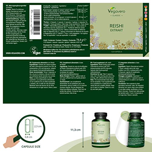 Reishi Vegavero® 2000 mg | El Único con 20% Polisacáridos & 6% Betaglucanos | 120 Cápsulas | Estrés y Ansiedad + Energizante + Antioxidante | Sin Celulosa Microcristalina | Adaptógenos