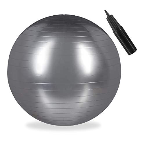 Relaxdays Balón para Ejercicios de Fitness, Pelota de Pilates, Equilibrio, con Bomba de Aire, Ø 55 cm, 1 Ud., Plateado