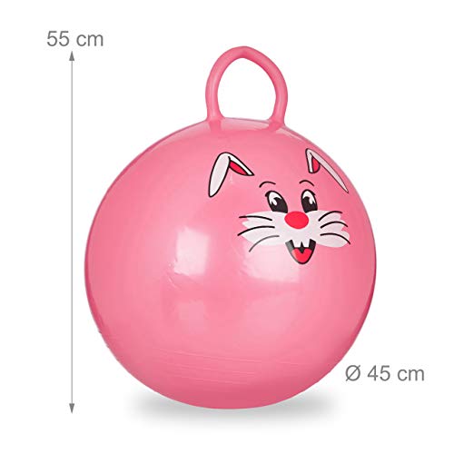 Relaxdays Bola Saltarina para Niños, Pelota Saltar Animales, Balón Infantil, 45 cm Diámetro, PVC, Rosa, color, 45 x 45 x 55 cm (10022554_52) , color/modelo surtido