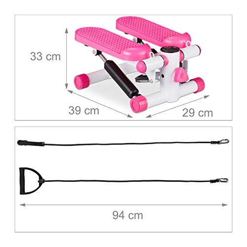 Relaxdays Stepper con podómetro, 2 expansores, Resistencia Ajustable, Up & Down, Swing Step para casa, Color Rosa, Unisex Adulto, 1 Unidad