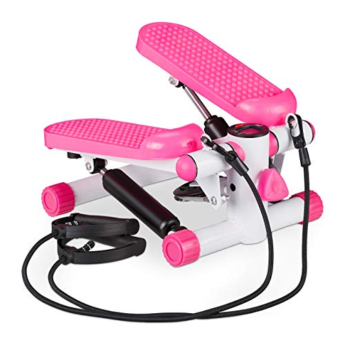 Relaxdays Stepper con podómetro, 2 expansores, Resistencia Ajustable, Up & Down, Swing Step para casa, Color Rosa, Unisex Adulto, 1 Unidad