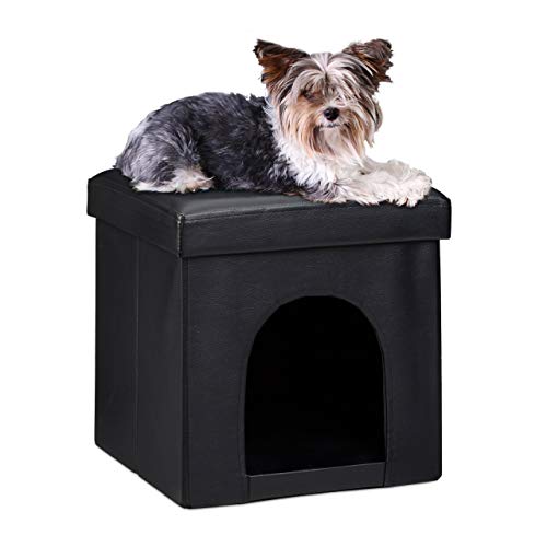 Relaxdays Taburete Casa para Perros Plegable, Piel sintética, Negro, 38 x 38 x 38 cm