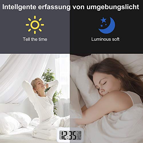 Reloj de Alarma Digital, LCD Pantalla Reloj Alarma Inteligente y con Pantalla de Fecha y Temperatura Función Despertador con Sensor de luz y función Snooze Funciones, para Niños Adultos (blanco) Reloj de Alarma Digital, LCD Pantalla Reloj Alarma Inteligente y con Pantalla de Fecha y Temperatura Función Despertador con Sensor de luz y función Snooze Funciones, para Niños Adultos (blanco)