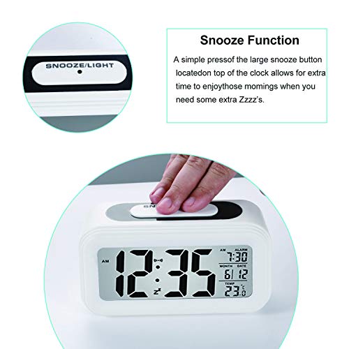 Reloj de Alarma Digital, LCD Pantalla Reloj Alarma Inteligente y con Pantalla de Fecha y Temperatura Función Despertador con Sensor de luz y función Snooze Funciones, para Niños Adultos (blanco)