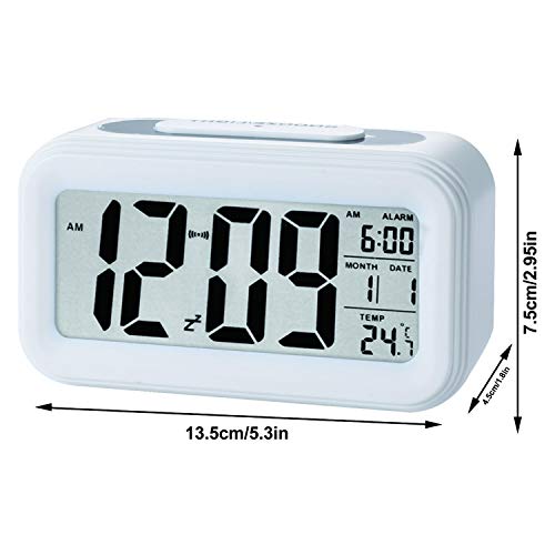 Reloj de Alarma Digital, LCD Pantalla Reloj Alarma Inteligente y con Pantalla de Fecha y Temperatura Función Despertador con Sensor de luz y función Snooze Funciones, para Niños Adultos (blanco)