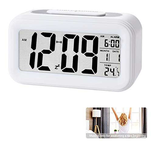 Reloj de Alarma Digital, LCD Pantalla Reloj Alarma Inteligente y con Pantalla de Fecha y Temperatura Función Despertador con Sensor de luz y función Snooze Funciones, para Niños Adultos (blanco)