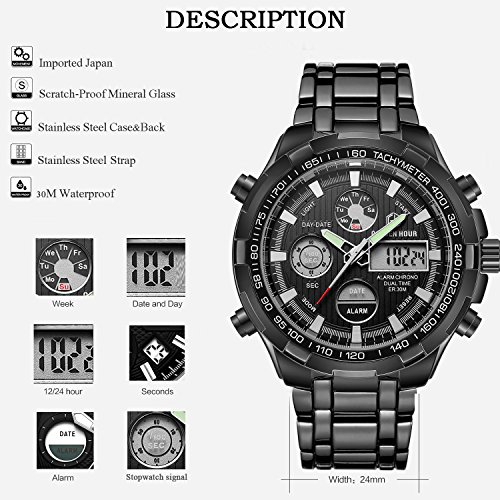 Reloj deportivo de pulsera analógico y digital de cuarzo para hombre, cronógrafo, esfera grande, acero inoxidable, resistente al agua, color negro Reloj deportivo de pulsera analógico y digital de cuarzo para hombre, cronógrafo, esfera grande, acero inoxidable, resistente al agua, color negro