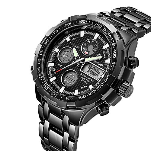 Reloj deportivo de pulsera analógico y digital de cuarzo para hombre, cronógrafo, esfera grande, acero inoxidable, resistente al agua, color negro