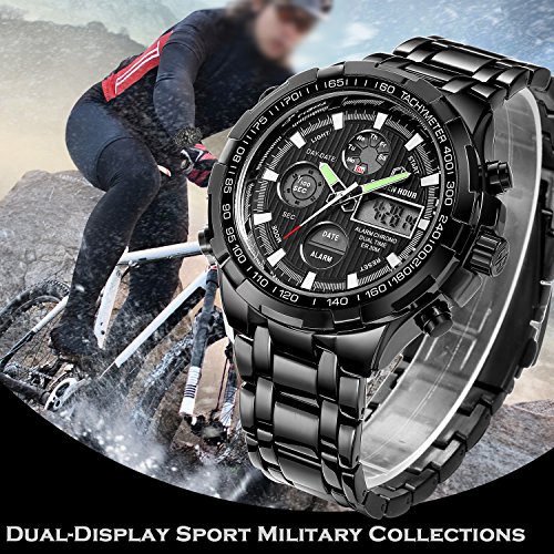 Reloj deportivo de pulsera analógico y digital de cuarzo para hombre, cronógrafo, esfera grande, acero inoxidable, resistente al agua, color negro