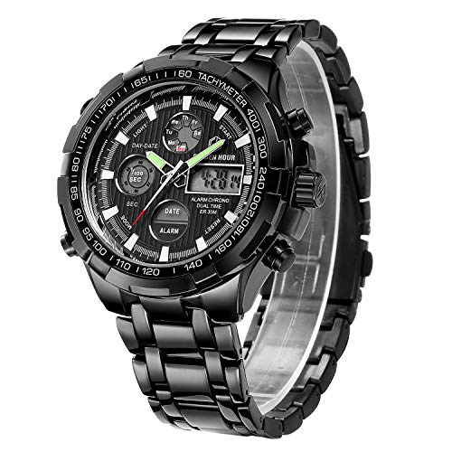 Reloj deportivo de pulsera analógico y digital de cuarzo para hombre, cronógrafo, esfera grande, acero inoxidable, resistente al agua, color negro Reloj deportivo de pulsera analógico y digital de cuarzo para hombre, cronógrafo, esfera grande, acero inoxidable, resistente al agua, color negro