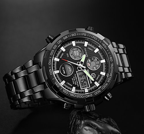 Reloj deportivo de pulsera analógico y digital de cuarzo para hombre, cronógrafo, esfera grande, acero inoxidable, resistente al agua, color negro Reloj deportivo de pulsera analógico y digital de cuarzo para hombre, cronógrafo, esfera grande, acero inoxidable, resistente al agua, color negro